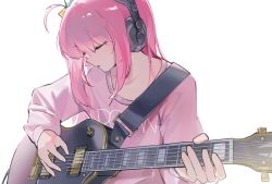 Rule 34 | 1girl, absurdres, akg k-series headphones, bocchi the rock!, closed eyes, cube hair ornament, electric guitar, gibson les paul, gotoh hitori, guitar, hair between eyes, hair ornament, hair over eyes, headphones, highres, holding, holding instrument, instrument, long hair, long sleeves, one side up, open mouth, pink hair, pink shirt, shirt, simple background, solo, white background, yuan (ziranran)