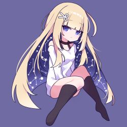 Rule 34 | 1girl, amanogawa shiina, between legs, blonde hair, cross (vgne4542), full body, hair ornament, hairpin, hand between legs, highres, long hair, phase connect, purple eyes, simple background, solo