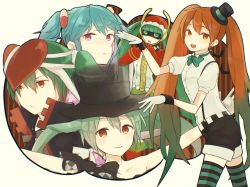 Rule 34 | 5girls, bandages, belt, bow, bowtie, collarbone, fringe trim, garter straps, green eyes, green hair, hair ornament, hat, hatsune miku, helmet, looking at viewer, mask, mini hat, mini top hat, mrs.pumpkin no kokkei na yume (vocaloid), multicolored hair, multiple girls, open mouth, orange eyes, pink eyes, project diva (series), project diva x, puffy short sleeves, puffy sleeves, short sleeves, shorts, simple background, smile, striped clothes, striped legwear, striped thighhighs, tanaka miz, thighhighs, top hat, twintails, vocaloid