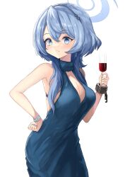 Rule 34 | 1girl, ako (blue archive), ako (dress) (blue archive), black hairband, blue archive, blue dress, blue eyes, blue hair, blue halo, blush, breasts, cleavage, cuffs, cup, dress, earrings, hair between eyes, hairband, halo, handcuffs, highres, holding, holding cup, jewelry, large breasts, long hair, mg42cat-k1ng, official alternate costume, open mouth, simple background, sleeveless, sleeveless dress, solo, white background