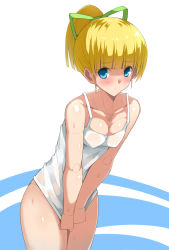 Rule 34 | 1girl, android, bare arms, bare shoulders, blonde hair, blue eyes, blunt bangs, breasts, cleavage, clothes pull, collarbone, covered erect nipples, cowboy shot, dress, dress pull, green ribbon, hair ribbon, joints, mega man (classic), mega man (series), mokkosu., ponytail, pulled by self, ribbon, robot joints, roll (mega man), short hair, small breasts, solo, sweat, thighs, v arms, white dress