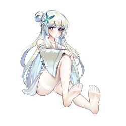 Rule 34 | 1girl, absurdres, blush, feet, hand on own knee, highres, long hair, looking at viewer, pantyhose, purple eyes, silver hair, soles, toes, white pantyhose