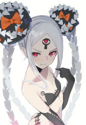 Rule 34 | 1girl, abigail williams (fate), abigail williams (swimsuit foreigner) (fate), abigail williams (swimsuit foreigner) (first ascension) (fate), absurdres, ass, bare shoulders, bee doushi, bikini, black bikini, black bow, bow, breasts, collarbone, colored skin, double bun, fate/grand order, fate (series), forehead, grin, hair bun, highres, keyhole, long hair, looking at viewer, multiple bows, orange bow, parted bangs, red eyes, sidelocks, simple background, small breasts, smile, swimsuit, thighs, third eye, very long hair, white background, white hair, white skin
