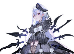 Rule 34 | 1girl, absurdres, beret, blue eyes, blue hair, dagger, dress, floating, floating object, floating weapon, frills, gloves, hair between eyes, hat, highres, kitada mo, knife, long hair, looking at viewer, original, see-through, simple background, solo, weapon, white background