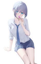 Rule 34 | 1girl, arm support, blue eyes, blue necktie, blue skirt, blunt bangs, breasts, candy, collarbone, collared shirt, commentary request, cowboy shot, dress shirt, eyelashes, fingernails, food, green hair, hand up, head tilt, heart, highres, invisible chair, knees together feet apart, kuen (kuennn12), lollipop, long sleeves, looking at viewer, medium breasts, miniskirt, necktie, open collar, original, parted lips, pleated skirt, school uniform, shaped lollipop, shirt, shirt tucked in, short hair, sidelocks, simple background, sitting, skirt, sleeves rolled up, solo, tented shirt, white background, white shirt, wing collar