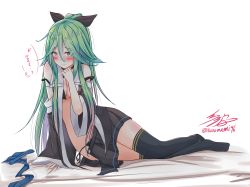 Rule 34 | 10s, 1girl, absurdres, arm support, bare shoulders, black ribbon, black skirt, black thighhighs, blush, breasts, detached sleeves, full body, gradient hair, green eyes, green hair, hair between eyes, hair ornament, hair ribbon, hairclip, highres, kantai collection, lace, lace panties, long hair, long sleeves, loose clothes, multicolored hair, namikawa kuroha, unworn neckerchief, panties, pleated skirt, ponytail, ribbon, sailor collar, signature, sitting, skirt, small breasts, solo, straight hair, tearing up, tears, thighhighs, twitter username, underwear, wide sleeves, yamakaze (kancolle)