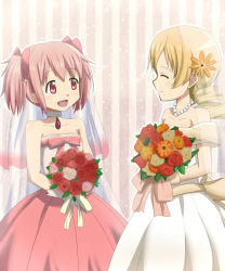 10s 2girls :d bad_id bad_pixiv_id blonde_hair bouquet bridal_veil closed_eyes dars_(recolors) dress drill_hair flower kaname_madoka long_hair mahou_shoujo_madoka_magica mahou_shoujo_madoka_magica_(anime) multiple_girls open_mouth pink_eyes pink_hair short_hair short_twintails smile tomoe_mami twin_drills twintails veil wedding_dress