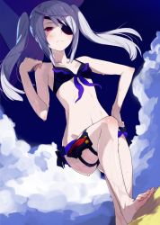 Rule 34 | 10s, 1girl, bare shoulders, barefoot, bikini, cloud, day, eyepatch, feet, front-tie top, hand on own hip, infinite stratos, kagetomo midori, laura bodewig, navel, red eyes, silver hair, sky, solo, swimsuit, toes, twintails, wet