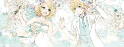 Rule 34 | 1boy, 1girl, :d, blonde hair, blue eyes, blush, bouquet, brother and sister, buzz (moi), dress, floral background, flower, flower on head, formal, green necktie, hair flower, hair ornament, hat, hat flower, hetero, holding, holding clothes, holding hands, holding hat, kagamine len, kagamine rin, kuwahara souta, long sleeves, necktie, open mouth, siblings, smile, suit, twins, veil, vest, vocaloid, wedding dress, white dress, white suit