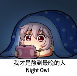 Rule 34 | 1girl, chibi, chinese text, commentary request, english text, fujiwara no mokou, handheld game console, jokanhiyou, lowres, meme, pink hair, playing games, playstation vita, red eyes, solo, touhou, translated, under covers, video game