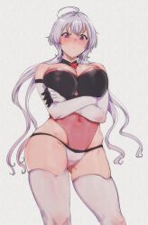 Rule 34 | 1girl, ahoge, alp, black gloves, black leotard, blush, breasts, contrapposto, covered navel, crossed arms, elbow gloves, gloves, grey background, highleg, highleg leotard, highres, large breasts, leotard, light purple hair, long hair, looking at viewer, low twintails, pink leotard, purple eyes, senki zesshou symphogear, simple background, solo, thighhighs, twintails, two-tone gloves, two-tone leotard, very long hair, white gloves, white thighhighs, yukine chris