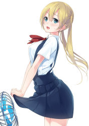 Rule 34 | 1girl, :d, blonde hair, blue eyes, blush, breasts, electric fan, hand fan, fanning crotch, highres, long hair, open mouth, original, school uniform, simple background, skirt hold, smile, solo, suspenders, sweatdrop, twintails, unasaka ryou