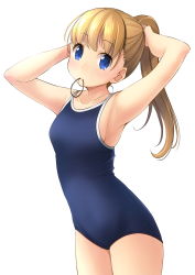 Rule 34 | 1girl, armpits, arms up, blonde hair, blue eyes, blue one-piece swimsuit, collarbone, commentary request, competition school swimsuit, cowboy shot, flat chest, highres, long hair, looking at viewer, mouth hold, one-piece swimsuit, original, ponytail, rubber band, school swimsuit, shibacha, simple background, smile, solo, swimsuit, white background