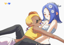Rule 34 | 2girls, absurdres, alternate hairstyle, black pants, blonde hair, blue hair, breasts, chest sarashi, cleavage, closed eyes, closed mouth, colored eyelashes, commentary request, crop top, cropped shirt, dark-skinned female, dark skin, fang, frye (splatoon), harem pants, hd rock, heart, highres, inkling, korean commentary, long hair, multiple girls, nintendo, octoling, open mouth, pants, pointy ears, red eyes, sarashi, shirt, shiver (splatoon), short hair, simple background, sitting, sleeveless, sleeveless shirt, small breasts, smile, splatoon (series), splatoon 3, tentacle hair, torn clothes, torn pants, white background, white pants, yellow shirt, yuri