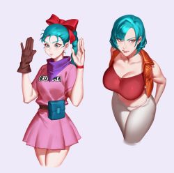Rule 34 | 2girls, absurdres, aqua eyes, aqua hair, bare shoulders, belt, belt pouch, bow, breasts, brown gloves, bulma, character name, closed mouth, clothes writing, collarbone, dragon ball, gloves, hair bow, highres, large breasts, long hair, multiple girls, ponytail, pouch, purple background, short hair, simple background, single glove, zelus