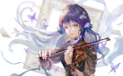 Rule 34 | 1girl, alternate costume, animal ears, arknights, astesia (arknights), bird ears, black dress, blue eyes, bow (music), bright pupils, bug, butterfly, commentary, daylightallure, dress, empty picture frame, fingernails, floating hair, flower, hair between eyes, hair flower, hair ornament, highres, holding, holding bow (music), insect, instrument, lips, long hair, long sleeves, looking at viewer, music, parted lips, picture frame, playing instrument, purple butterfly, purple hair, solo, symbol-only commentary, teeth, upper body, violin, white flower, white pupils, wrist cuffs