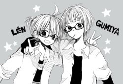Rule 34 | 2boys, ahoge, anzu (o6v6o), arm around shoulder, character name, collared shirt, glasses, grey background, greyscale, grin, gumiya, kagamine len, layered sleeves, long sleeves, looking at viewer, male focus, monochrome, mouth hold, multiple boys, shirt, short over long sleeves, short sleeves, side ponytail, sidelocks, smile, star (symbol), upper body, v, v-shaped eyebrows, vocaloid