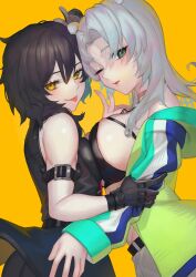 2girls absurdres arm_strap asymmetrical_docking belt black_belt black_gloves black_hair black_pantyhose black_shirt black_skirt breast_press breasts commission dia_(flex_frontline) gloves grabbing_another&#039;s_arm green_eyes green_jacket grey_hair hair_between_eyes highres jacket large_breasts long_hair melody_horizon_(flex_frontline) multiple_girls off_shoulder one_eye_closed original pantyhose rushian second-party_source shirt skeb_commission skirt sleeveless sleeveless_shirt tongue yellow_background yellow_eyes