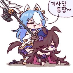 Rule 34 | 2girls, animal ears, artist request, azur lane, blue flower, blue hair, blue headwear, blue rose, brown hair, commentary request, closed eyes, flower, hair over one eye, hat, holding, holding weapon, horse ears, horse girl, horse tail, korean commentary, korean text, long hair, maille-breze (azur lane), multicolored hair, multiple girls, purple eyes, rice shower (umamusume), riding, rose, tail, tearing up, tilted headwear, trait connection, two-tone hair, umamusume, weapon, white hair