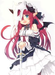 Rule 34 | 1girl, aqua eyes, bare shoulders, braid, demon horns, demon wings, detached sleeves, dress, fang, frilled dress, frills, gothic lolita, hair ribbon, horns, lolita fashion, long hair, looking at viewer, maid headdress, mask, mask on head, nibiiro shizuka, one eye covered, open mouth, original, pantyhose, red hair, ribbon, simple background, skull mask, solo, sword, weapon, wings