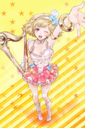 Rule 34 | 10s, 1girl, ;d, alternate costume, armband, blonde hair, blush, boots, bracelet, breasts, choker, cleavage, collarbone, djeeta (granblue fantasy), dress, fake wings, frilled dress, frills, frils, full body, granblue fantasy, hair ribbon, hairband, harp, highres, idol, instrument, jewelry, layered dress, legs, lipstick, makeup, medium breasts, miwayama, necklace, one eye closed, open mouth, outstretched arms, ribbon, smile, solo, spaghetti strap, star (symbol), star necklace, striped, striped background, superstar (granblue fantasy), white footwear, wings, yellow eyes