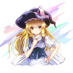 Rule 34 | 1girl, bad id, bad pixiv id, blonde hair, blush, bow, female focus, hand on own hip, hat, hip focus, kirisame marisa, long hair, solo, sys.ao, touhou, white background, witch, witch hat