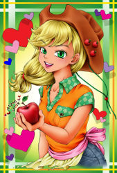 Rule 34 | 1girl, :d, apple, applejack, argyle, arinko (sugolife), bad id, bad pixiv id, blonde hair, character name, cowboy hat, denim, food, freckles, fruit, green background, green eyes, hat, heart, highres, holding, jeans, long hair, looking at viewer, my little pony, my little pony: friendship is magic, open mouth, pants, personification, shirt, smile, solo