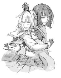 Rule 34 | 2girls, ark royal (kancolle), blush, bob cut, braid, breasts, cape, closed eyes, commentary request, corset, cropped torso, crown, cup, fingerless gloves, fingernails, flower, gloves, greyscale, grin, hair between eyes, hair ornament, hairband, half up braid, holding, holding cup, hug, kantai collection, long hair, long sleeves, mini crown, monochrome, multiple girls, open mouth, plate, ribbon, rose, round teeth, signature, simple background, smile, teacup, teeth, tiara, warspite (kancolle), white background, yamada rei (rou)