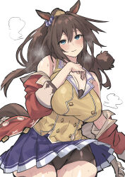 Rule 34 | 1girl, animal ears, bare shoulders, black shorts, blue eyes, breasts, brown hair, buttons, cleavage, commentary request, double-breasted, ear ornament, el condor pasa (umamusume), hair between eyes, highres, horse ears, horse girl, horse tail, jacket, jacket partially removed, large breasts, long hair, long sleeves, looking at viewer, no mask, open clothes, open jacket, open mouth, pleated skirt, ponytail, purple skirt, red jacket, shimiya (aokuchi), shirt, shorts, simple background, skirt, sleeveless, sleeveless shirt, smile, solo, tail, umamusume, very long hair, white background, yellow shirt