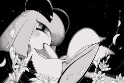 1girl arm_support artist_name black_background blush closed_mouth creatures_(company) cucumber_(wanton9cum) female_focus flower from_side game_freak gen_3_pokemon greyscale hair_over_one_eye half-closed_eyes hand_to_own_mouth hand_up happy kirlia knee_up leaning_back looking_at_viewer medium_hair monochrome nintendo one_eye_covered outline petals pokemon pokemon_(creature) sidelocks signature sitting smile solo white_outline