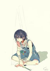 Rule 34 | 10s, 1boy, androgynous, bare legs, black eyes, black hair, candy, food, food in mouth, highres, ishida sui, lollipop, male focus, overalls, short hair, signature, simple background, sitting, smiley face, solo, spool, stitches, suzuya juuzou, tokyo ghoul, tokyo ghoul:re