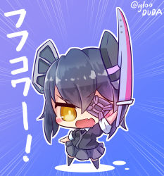 Rule 34 | 1girl, :d, asimo953, black cardigan, black necktie, black skirt, blue background, blush, breasts, cardigan, chibi, collared shirt, commentary request, dress shirt, emphasis lines, eyepatch, fang, full body, headgear, highres, holding, holding sword, holding weapon, kantai collection, legs apart, looking at viewer, medium breasts, miniskirt, necktie, open mouth, outline, parted bangs, pleated skirt, purple hair, school uniform, shirt, short hair, short sleeves, simple background, skirt, smile, solo, standing, sword, tenryuu (kancolle), thighhighs, translation request, twitter username, v-shaped eyebrows, weapon, white outline, white shirt, wing collar, yellow eyes