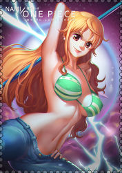 Rule 34 | bikini, bikini top only, breasts, denim, ezedin, jeans, large breasts, long hair, nami (one piece), one piece, pants, solo, swimsuit, zhang ding