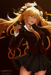 Rule 34 | 1girl, arm up, artist name, blazer, blonde hair, breasts, card, cowboy shot, dated, fangs, firekiss, frilled sleeves, frills, gradient background, grey skirt, hair ribbon, highres, holding, holding card, jacket, kakegurui, looking at viewer, medium breasts, mixed-language commentary, neck ribbon, open mouth, playing card, pleated skirt, red background, red jacket, ribbon, saotome mary, school uniform, shirt, simple background, skirt, smile, solo, teeth, twintails, uniform, white shirt, yellow eyes