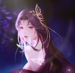 Rule 34 | 1girl, absurdres, bug, butterfly, covered erect nipples, earrings, hair ornament, highres, insect, jewelry, jimo qingfeng, long hair, looking back, nude, purple hair, smile, solo, upper body, wanmei shijie, yun xi (wanmei shijie)