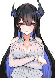 Rule 34 | 1girl, arms under breasts, asymmetrical horns, black hair, blue hair, blush, breasts, cleavage, colored inner hair, demon horns, highres, hololive, hololive english, horns, large breasts, long hair, looking at viewer, mole, mole under eye, multicolored hair, nerissa ravencroft, nerissa ravencroft (1st costume), panpanmc4, red eyes, shirt, smile, solo, straight-on, very long hair, virtual youtuber, white background, white shirt