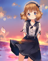Rule 34 | 1girl, beret, black ribbon, black sailor collar, black skirt, blue eyes, blue sky, blurry, blurry background, closed mouth, commentary, depth of field, double horizontal stripe, english commentary, frilled sleeves, frills, gradient sky, hat, highres, horizon, idolmaster, idolmaster million live!, lens flare, letter, looking at viewer, medium hair, medium skirt, neck ribbon, orange sky, ribbon, sad, sailor collar, shirt, short sleeves, skirt, sky, smile, solo, standing, sunset, suou momoko, suspender skirt, suspenders, tearing up, tears, toma (shinozaki), white hat, white shirt, wind, wind lift