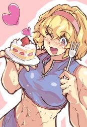 Rule 34 | 1girl, abs, alice margatroid, blonde hair, blue eyes, blue sports bra, blush, blush stickers, breasts, cake, commentary request, cookie (touhou), cowboy shot, dutch angle, food, fork, fruit, hair between eyes, hairband, heart, heart-shaped pupils, highres, holding, holding cake, holding food, holding fork, looking at food, medium breasts, midriff, muscular, muscular female, open mouth, pink hairband, sakuranbou (cookie), short hair, smile, solo, sports bra, strawberry, strawberry shortcake, symbol-shaped pupils, touhou, yma