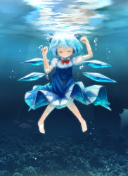 Rule 34 | 1girl, bare legs, blue hair, bow, cirno, closed eyes, fish, hair bow, hair ribbon, highres, ice, ice wings, poly, ribbon, short hair, smile, submerged, summer, touhou, wings