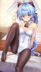 Rule 34 | 1girl, ahoge, alternate costume, animal ears, bare shoulders, bell, black pantyhose, blue hair, blush, breasts, commentary, covered navel, cowbell, fake animal ears, feet, foot out of frame, ganyu (genshin impact), genshin impact, gluteal fold, goat horns, highres, horns, hotel room, indoors, knee up, koyuki (kotatsu358), legs, leotard, long hair, looking at viewer, low ponytail, medium breasts, neck bell, nervous, no shoes, pantyhose, playboy bunny, purple eyes, qilin (mythology), sidelocks, sitting, solo