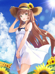 Rule 34 | 1girl, alternate costume, blue sky, blunt bangs, brown hair, cloud, commentary request, day, dress, feet out of frame, flower, green eyes, hat, helena (kancolle), highres, hill, kantai collection, kotou yogen, long hair, outdoors, sky, solo, spaghetti strap, standing, straw hat, sun hat, sundress, sunflower, white dress