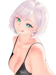 Rule 34 | 1girl, :q, armpit crease, bare shoulders, bikini, braid, breasts, cleavage, collarbone, fafaam7, french braid, green eyes, grey hair, highres, hololive, hololive indonesia, large breasts, pavolia reine, short hair, simple background, solo, swimsuit, tongue, tongue out, upper body, virtual youtuber, white background