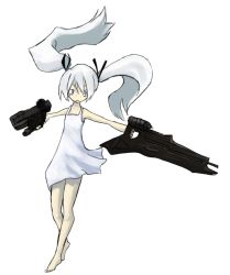 Rule 34 | 1girl, armored core, dress, dual wielding, female focus, from software, gun, holding, simple background, solo, twintails, wasabikarasi, weapon, white background, white hair