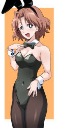 Rule 34 | 1girl, animal ears, azumi (girls und panzer), blue eyes, blush, breasts, brown hair, cleavage, covered navel, fake animal ears, girls und panzer, highres, leotard, looking at viewer, medium breasts, open mouth, playboy bunny, ponzu rui, rabbit ears, short hair, smile, solo