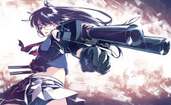 Rule 34 | 10s, 1girl, bare shoulders, black gloves, black hair, blew andwhite, breasts, cannon, choukai (kancolle), glasses, gloves, gradient background, hair ornament, headgear, kantai collection, long hair, midriff, perspective, pleated skirt, pointing, pointing at viewer, red eyes, rimless eyewear, school uniform, skirt, solo