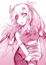 Rule 34 | 1girl, blush, book, book stack, breasts, demon wings, dress shirt, head wings, holding, holding book, kazetto, koakuma, long hair, long sleeves, medium breasts, monochrome, multiple wings, necktie, open mouth, pen, pointy ears, shirt, sketch, solo, touhou, vest, wings
