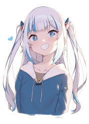Rule 34 | 1girl, absurdres, alternate hair length, alternate hairstyle, blue eyes, blue hair, blue hoodie, blush, bright pupils, cloba, collarbone, cropped torso, flat chest, gawr gura, gawr gura (1st costume), hair behind ear, head tilt, heart, highres, hololive, hololive english, hood, hoodie, long hair, looking at viewer, multicolored hair, silver hair, simple background, smile, solo, streaked hair, two side up, upper body, virtual youtuber, white background, white pupils