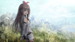 Rule 34 | 1girl, :d, arms behind back, bare shoulders, blue eyes, blue sky, blush, brown hair, cloud, day, detached sleeves, grass, highres, kizuna ai, kizuna ai inc., long hair, long sleeves, looking at viewer, looking to the side, misaki nonaka, mountain, multicolored hair, open mouth, outdoors, pink hair, sailor collar, shirt, short shorts, shorts, sky, sleeveless, sleeveless shirt, smile, solo, streaked hair, teeth, upper teeth only, very long hair, virtual youtuber, white sailor collar, white shirt, white shorts