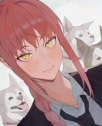 Rule 34 | 1girl, absurdres, black jacket, black necktie, braid, braided ponytail, chainsaw man, collared shirt, dog, formal, hair over shoulder, highres, hikkishi, husky, jacket, looking at viewer, makima (chainsaw man), medium hair, necktie, red hair, ringed eyes, shirt, sidelocks, simple background, smile, suit, suit jacket, tongue, tongue out, white background, white shirt, yellow eyes