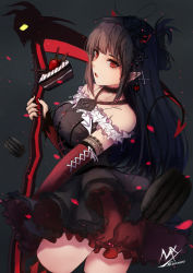 Rule 34 | 1girl, artist name, bare shoulders, black hair, blunt bangs, cake, choker, cross, cross necklace, dark background, demon girl, detached sleeves, fangs, fingernails, food, hair ornament, highres, holding, holding weapon, jewelry, lace, long hair, nail polish, necklace, open mouth, original, petals, pointy ears, red eyes, scythe, shimmer, shy (953416992), sidelocks, signature, solo, thighhighs, weapon, zettai ryouiki